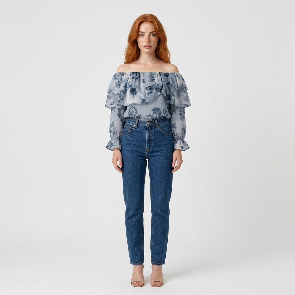 Hellblau Blumenbluse