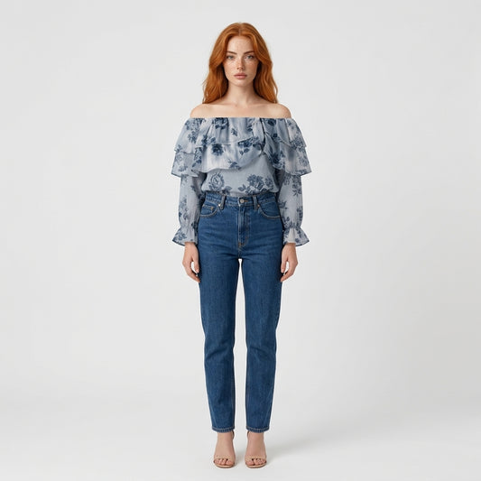 Hellblau Blumenbluse