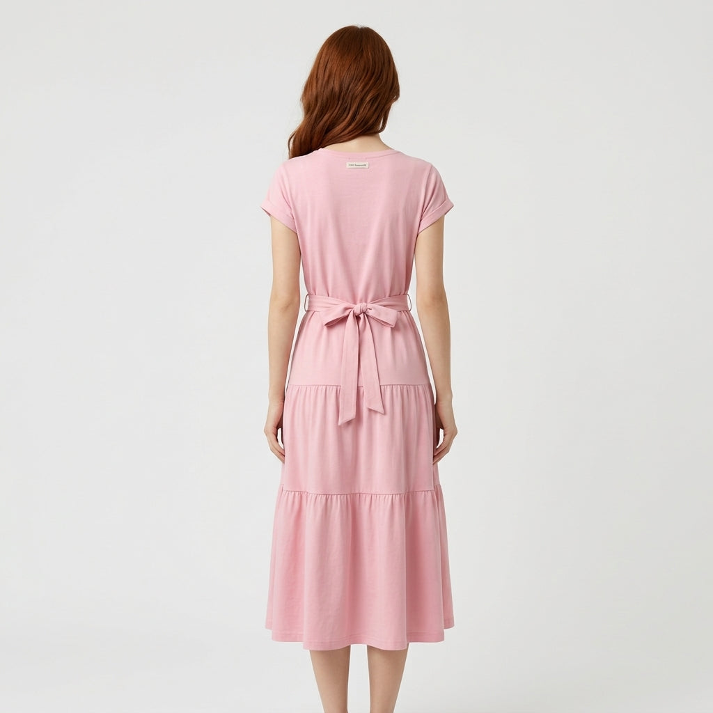 Rosa Baumwoll Tiered Kleid