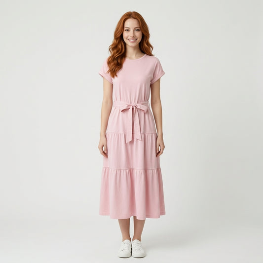 Rosa Baumwoll Tiered Kleid