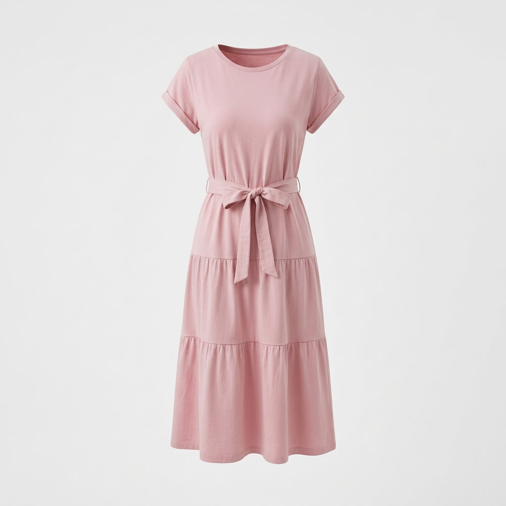 Rosa Baumwoll Tiered Kleid